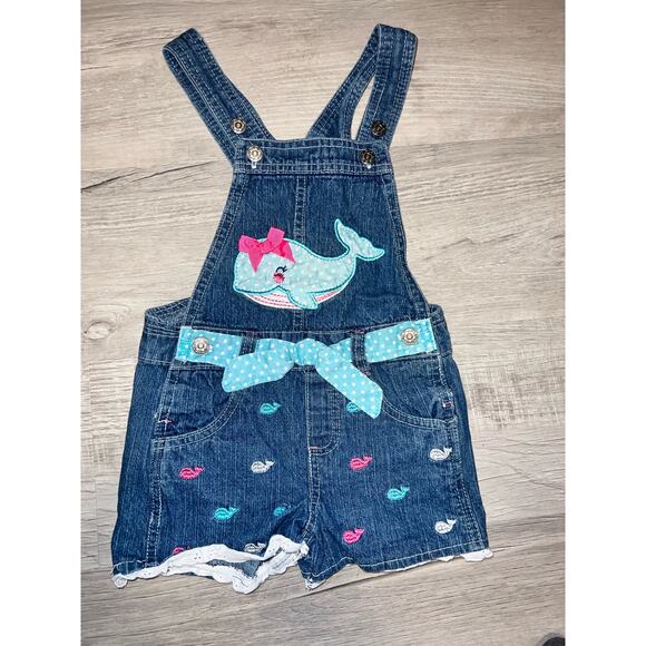 Vintage whale  denim short overalls girls size 4T. Blue /Pink embroidered whales - Picture 1 of 4